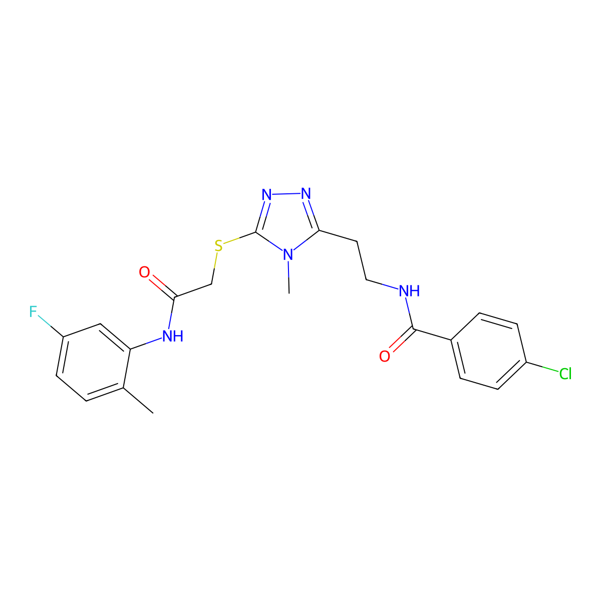 4-chloro-N-[2-[5-[2-(5-fluoro-2-methylanilino)-2-oxoethyl]sulfanyl-4-methyl-1,2,4-triazol-3-yl]ethyl]benzamide molecular structure, CAS 708286-92-4