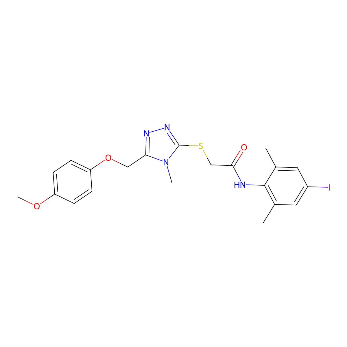 N-(4-iodo-2,6-dimethylphenyl)-2-[[5-[(4-methoxyphenoxy)methyl]-4-methyl-1,2,4-triazol-3-yl]sulfanyl]acetamide molecular structure, CAS 708287-15-4