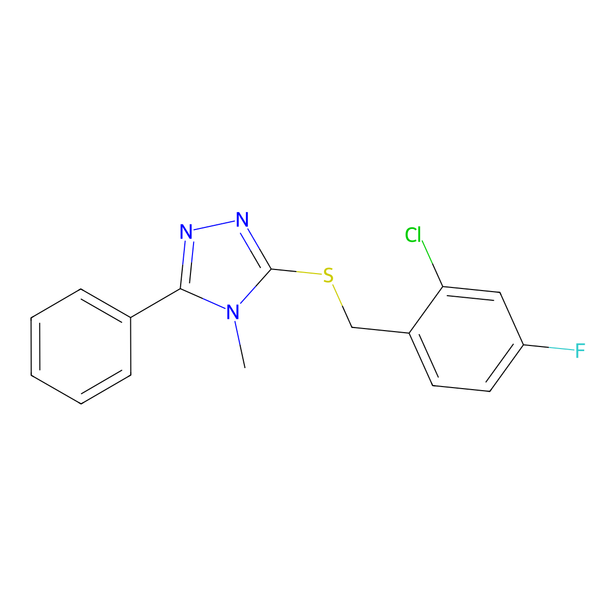 3-[(2-Chloro-4-fluorophenyl)methylsulfanyl]-4-methyl-5-phenyl-1,2,4-triazole molecular structure, CAS 708287-17-6