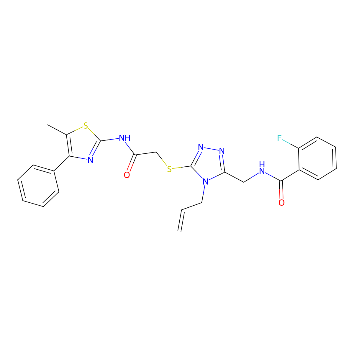 2-fluoro-N-[[5-[2-[(5-methyl-4-phenyl-1,3-thiazol-2-yl)amino]-2-oxoethyl]sulfanyl-4-prop-2-enyl-1,2,4-triazol-3-yl]methyl]benzamide molecular structure, CAS 708287-19-8