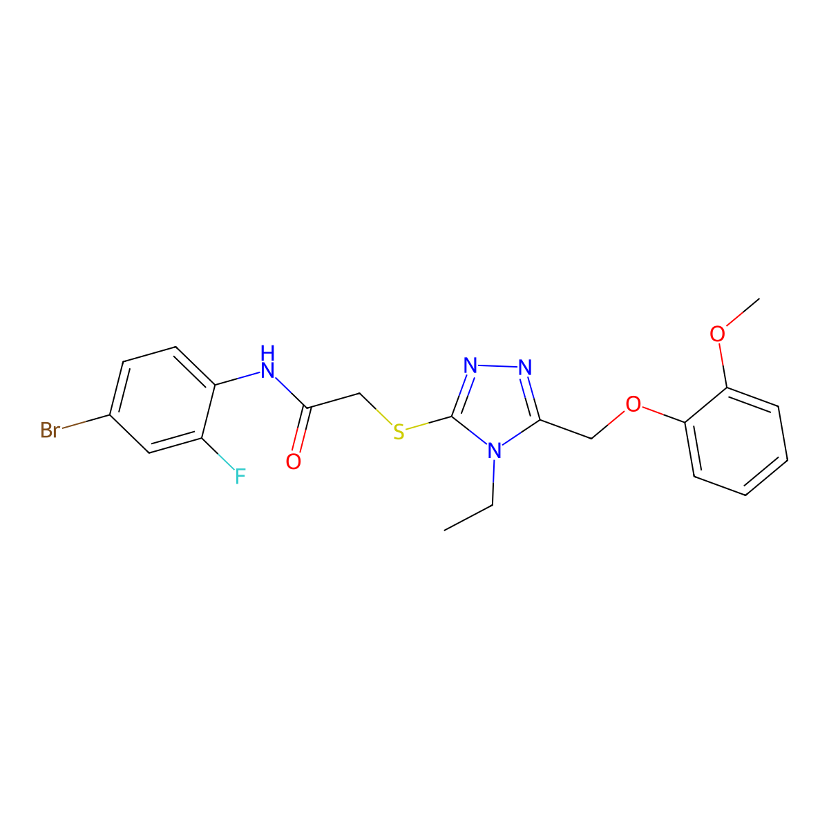 N-(4-bromo-2-fluorophenyl)-2-[[4-ethyl-5-[(2-methoxyphenoxy)methyl]-1,2,4-triazol-3-yl]sulfanyl]acetamide molecular structure, CAS 708287-35-8