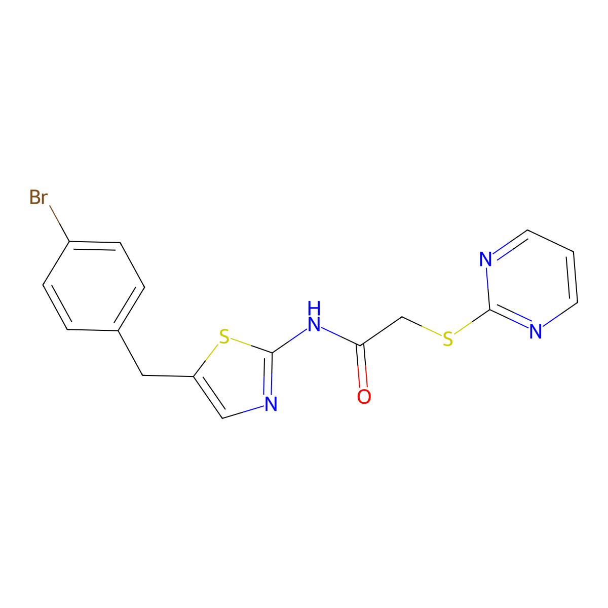 N-[5-[(4-bromophenyl)methyl]-1,3-thiazol-2-yl]-2-pyrimidin-2-ylsulfanylacetamide molecular structure, CAS 708287-38-1