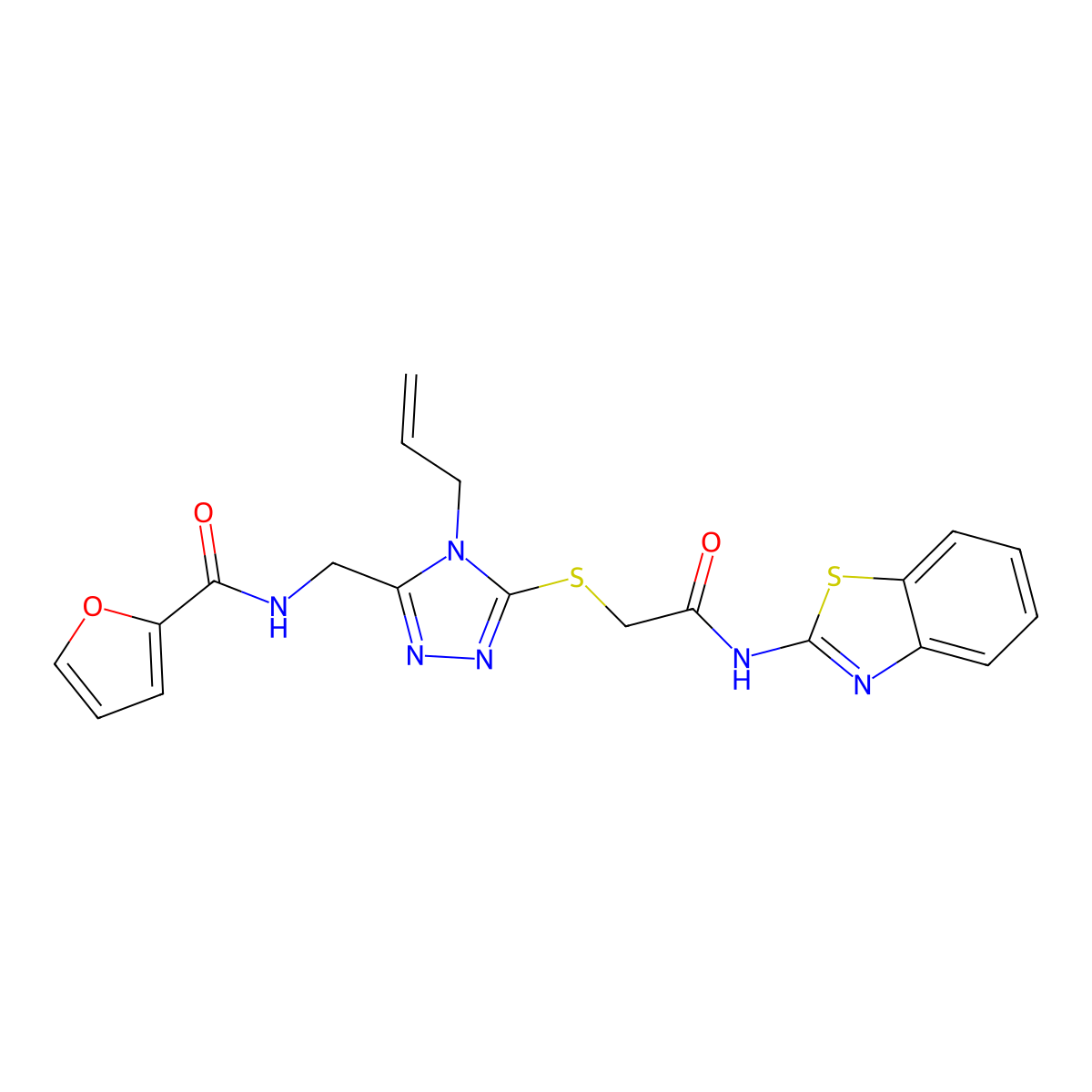 N-[[5-[2-(1,3-benzothiazol-2-ylamino)-2-oxoethyl]sulfanyl-4-prop-2-enyl-1,2,4-triazol-3-yl]methyl]furan-2-carboxamide molecular structure, CAS 708287-48-3