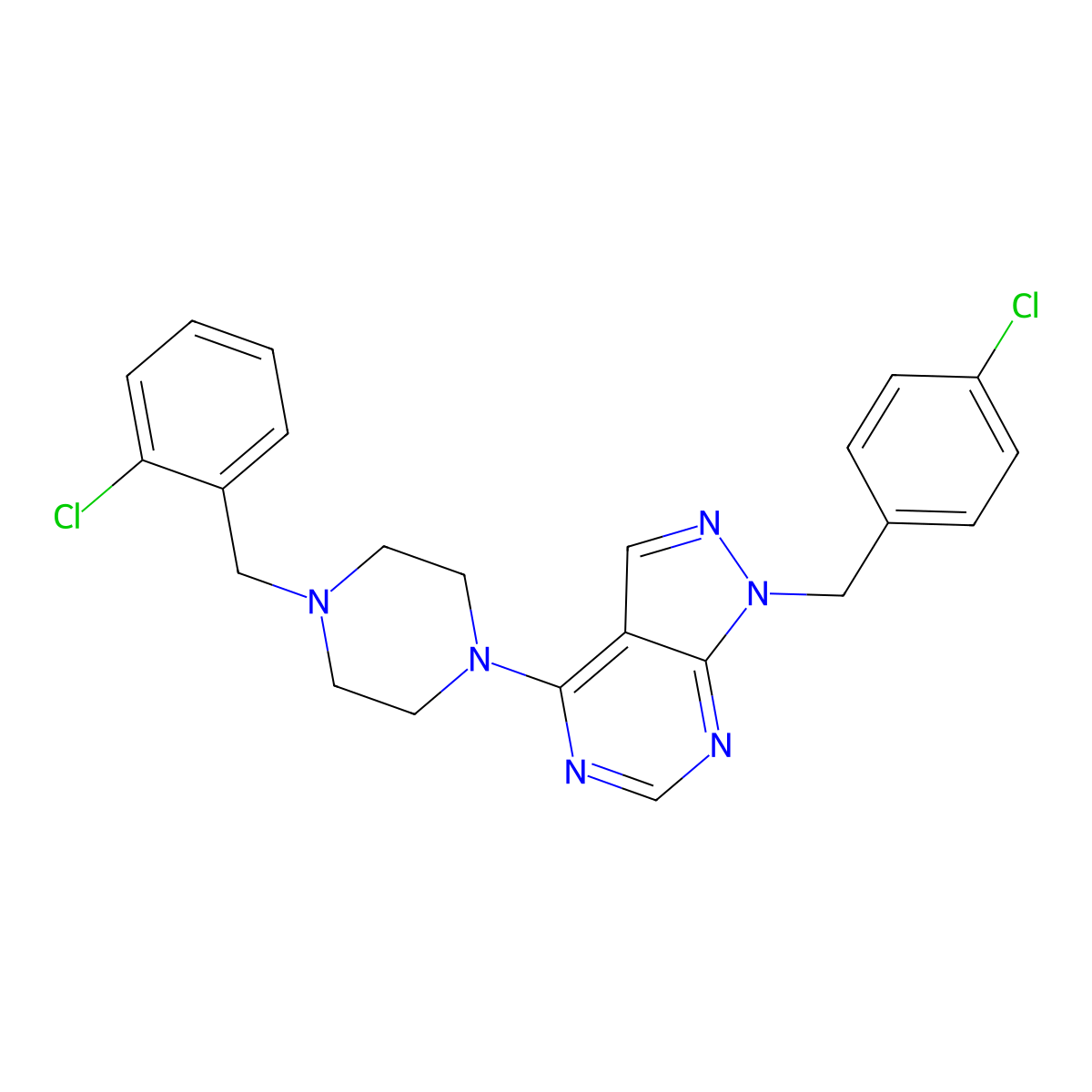 1-[(4-Chlorophenyl)methyl]-4-[4-[(2-chlorophenyl)methyl]piperazin-1-yl]pyrazolo[3,4-d]pyrimidine molecular structure, CAS 708287-74-5