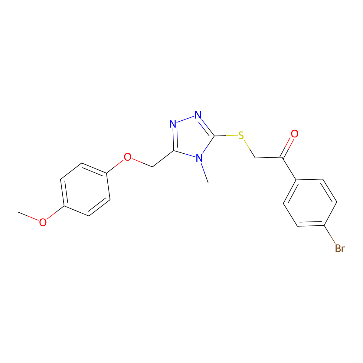 1-(4-Bromophenyl)-2-[[5-[(4-methoxyphenoxy)methyl]-4-methyl-1,2,4-triazol-3-yl]sulfanyl]ethanone molecular structure, CAS 708287-79-0