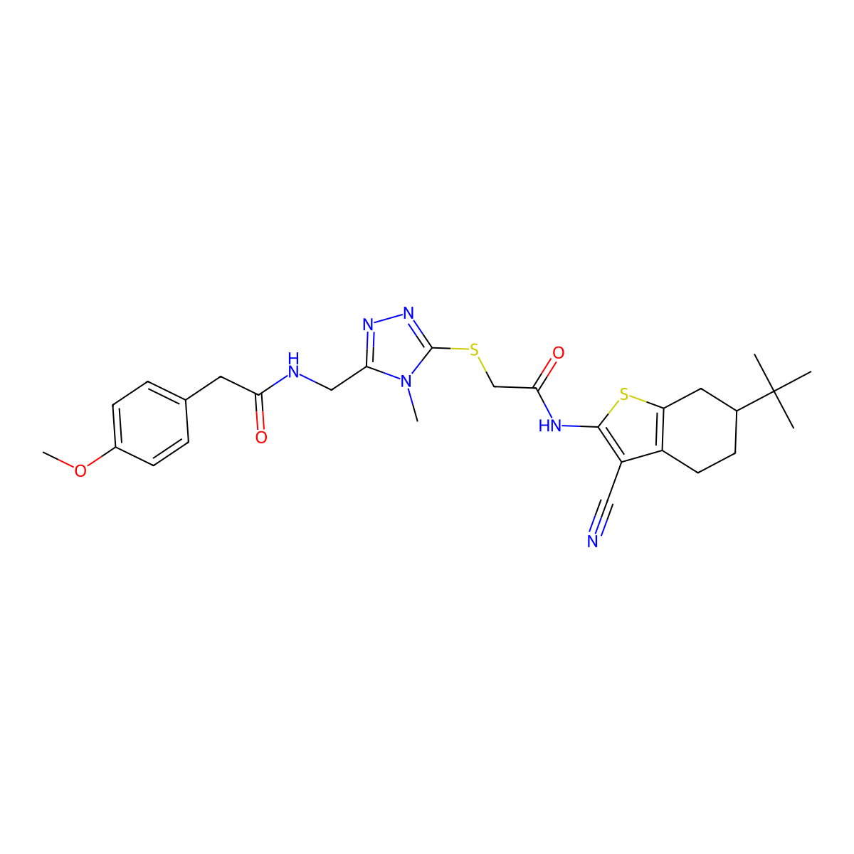 N-[[5-[2-[(6-tert-butyl-3-cyano-4,5,6,7-tetrahydro-1-benzothiophen-2-yl)amino]-2-oxoethyl]sulfanyl-4-methyl-1,2,4-triazol-3-yl]methyl]-2-(4-methoxyphenyl)acetamide molecular structure, CAS 708287-82-5