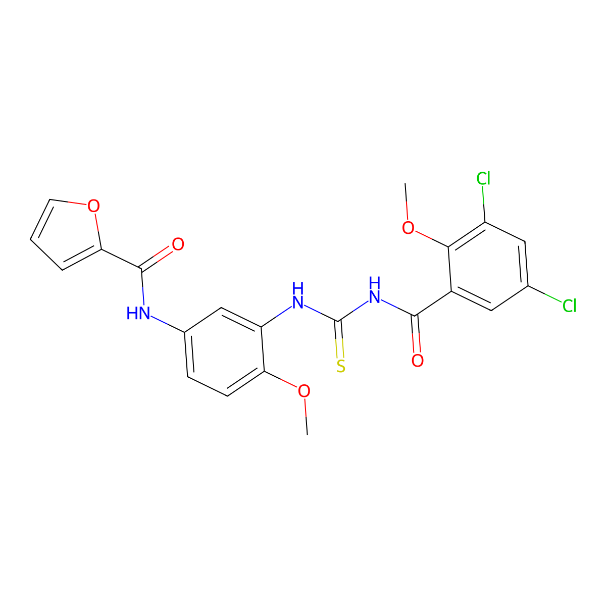 N-[3-[(3,5-dichloro-2-methoxybenzoyl)carbamothioylamino]-4-methoxyphenyl]furan-2-carboxamide molecular structure, CAS 708287-89-2