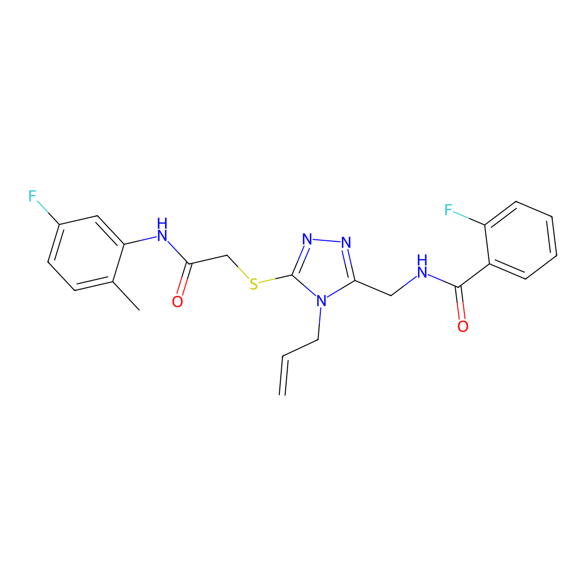 2-fluoro-N-[[5-[2-(5-fluoro-2-methylanilino)-2-oxoethyl]sulfanyl-4-prop-2-enyl-1,2,4-triazol-3-yl]methyl]benzamide molecular structure, CAS 708288-20-4