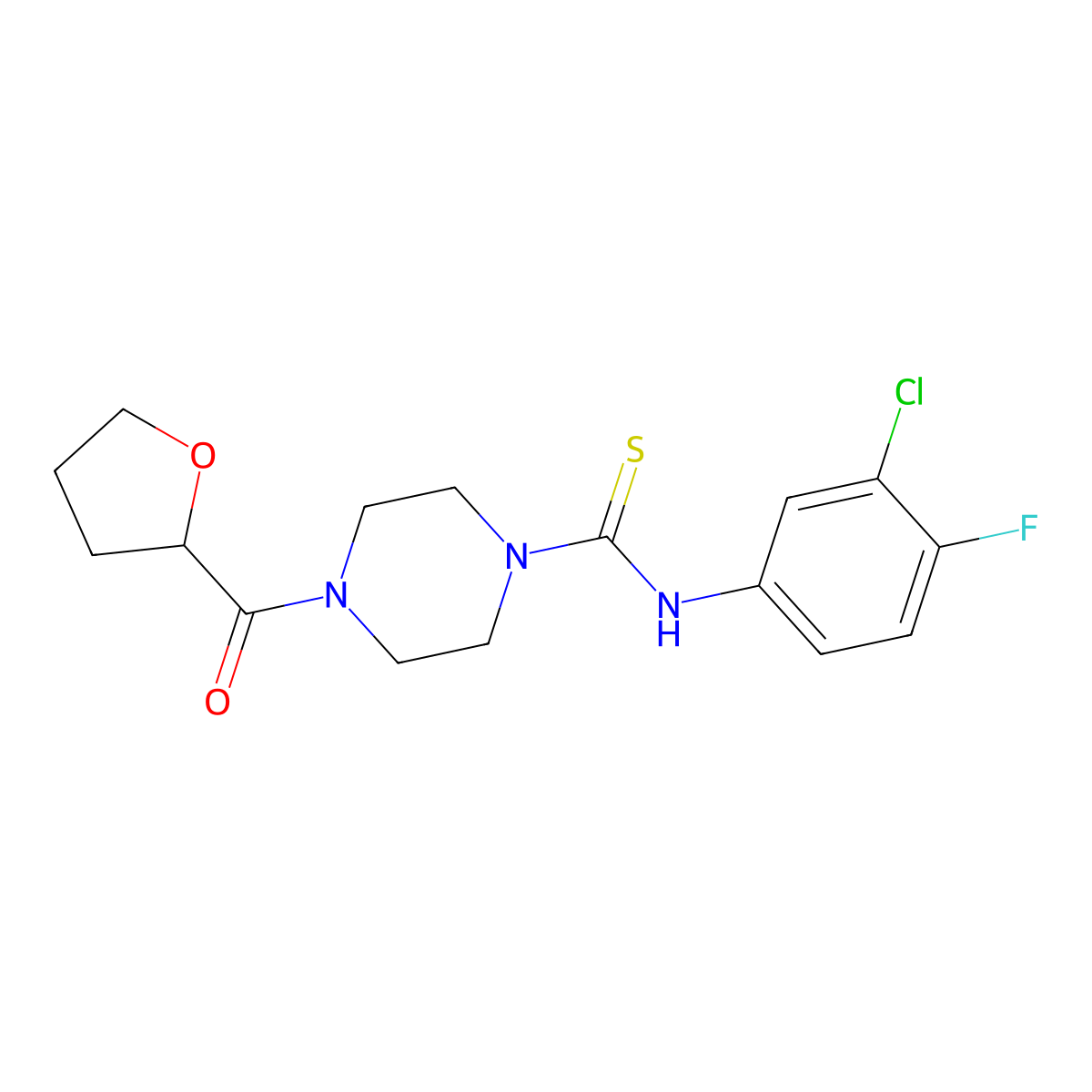 N-(3-chloro-4-fluorophenyl)-4-(oxolane-2-carbonyl)piperazine-1-carbothioamide molecular structure, CAS 708288-23-7