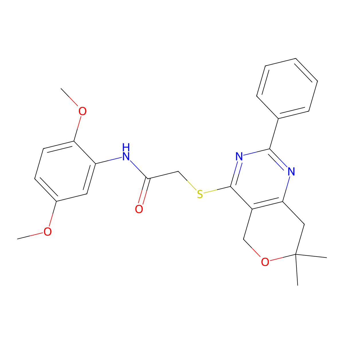 N-(2,5-dimethoxyphenyl)-2-[(7,7-dimethyl-2-phenyl-5,8-dihydropyrano[4,3-d]pyrimidin-4-yl)sulfanyl]acetamide molecular structure, CAS 708288-51-1