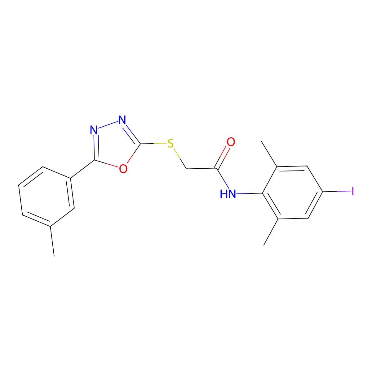 N-(4-iodo-2,6-dimethylphenyl)-2-[[5-(3-methylphenyl)-1,3,4-oxadiazol-2-yl]sulfanyl]acetamide molecular structure, CAS 708288-88-4