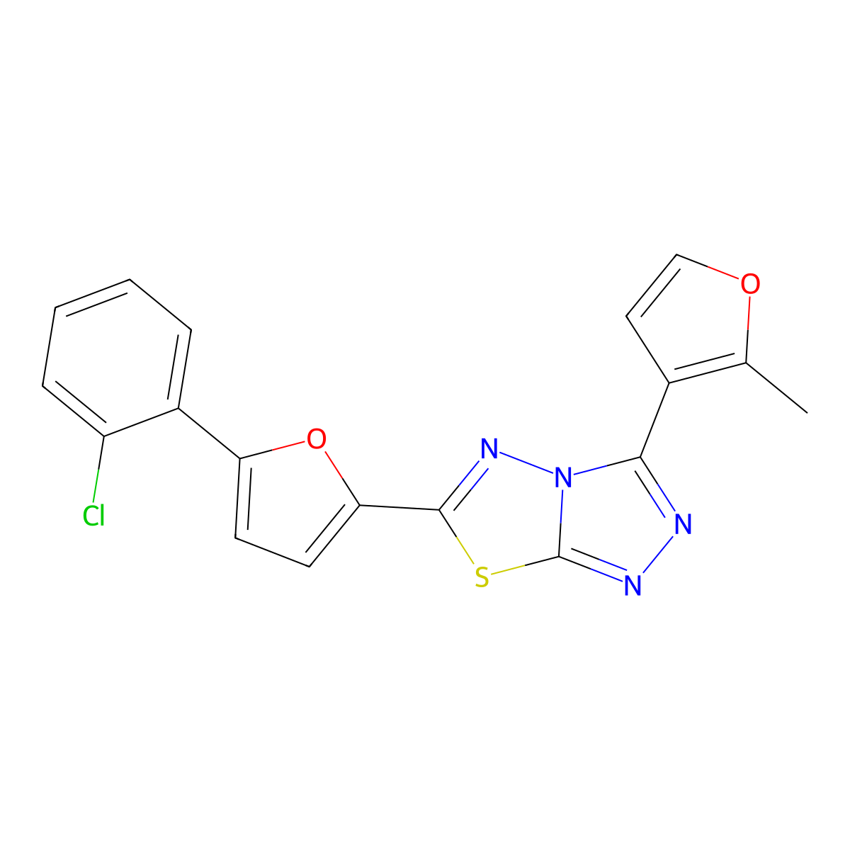 6-[5-(2-Chlorophenyl)furan-2-yl]-3-(2-methylfuran-3-yl)-[1,2,4]triazolo[3,4-b][1,3,4]thiadiazole molecular structure, CAS 708289-14-9