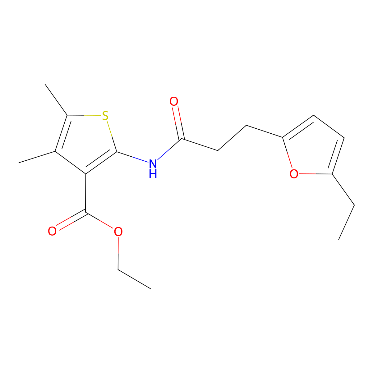 Ethyl 2-(3-(5-ethylfuran-2-yl)propanamido)-4,5-dimethylthiophene-3-carboxylate molecular structure, CAS 708289-28-5