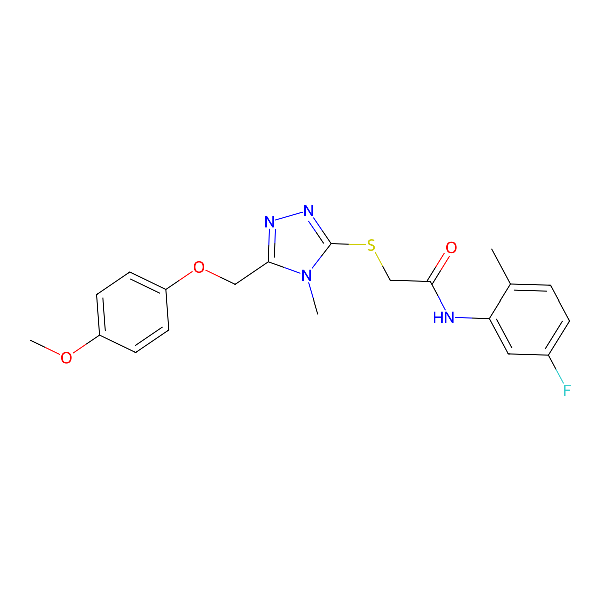 N-(5-fluoro-2-methylphenyl)-2-[[5-[(4-methoxyphenoxy)methyl]-4-methyl-1,2,4-triazol-3-yl]sulfanyl]acetamide molecular structure, CAS 708289-33-2