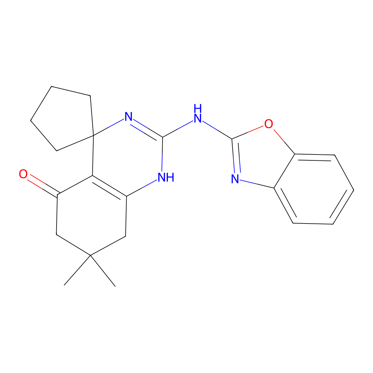 2'-(1,3-benzoxazol-2-ylamino)-7',7'-dimethyl-7',8'-dihydro-1'H-spiro[cyclopentane-1,4'-quinazolin]-5'(6'H)-one molecular structure, CAS 708289-39-8