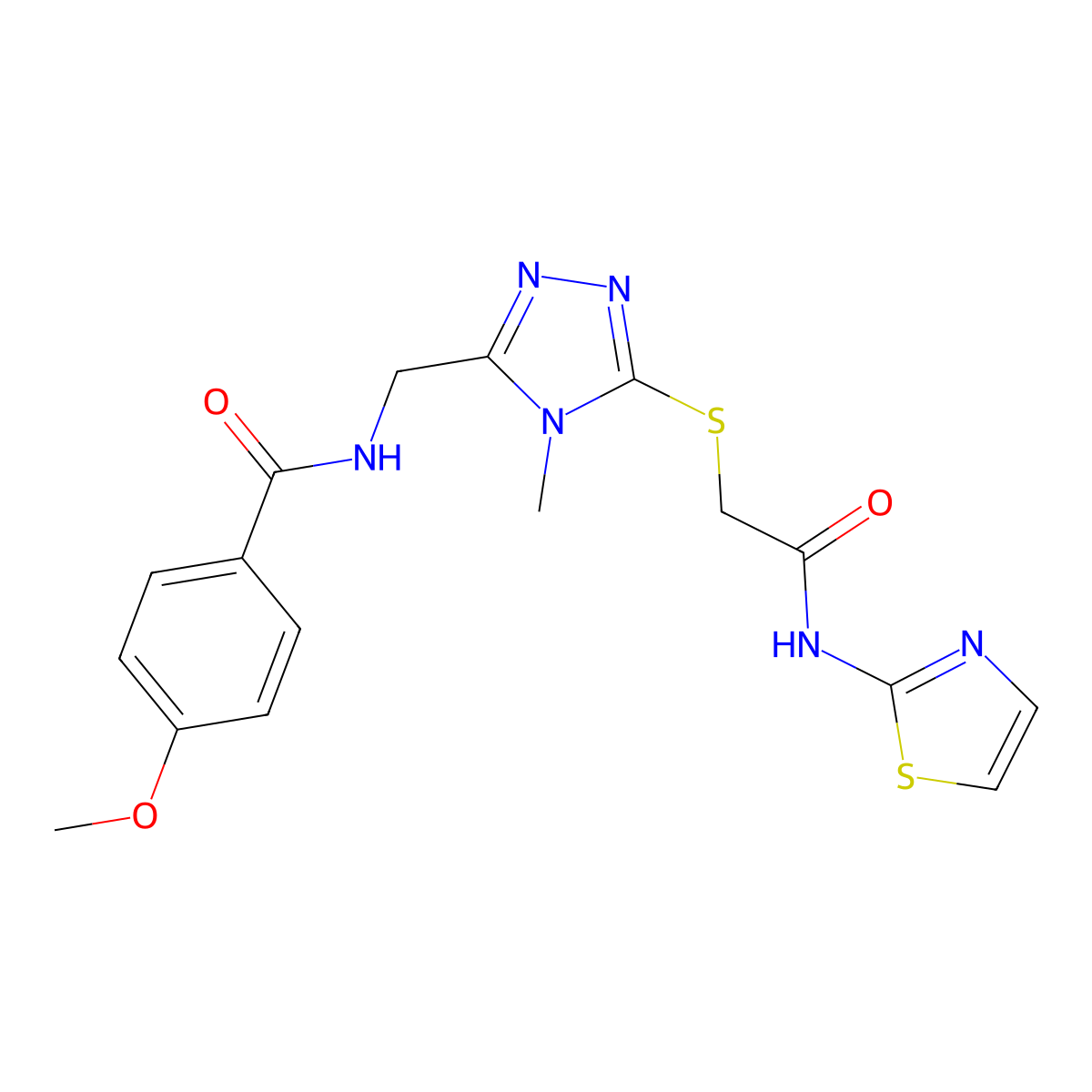 4-methoxy-N-[[4-methyl-5-[2-oxo-2-(1,3-thiazol-2-ylamino)ethyl]sulfanyl-1,2,4-triazol-3-yl]methyl]benzamide molecular structure, CAS 708289-65-0