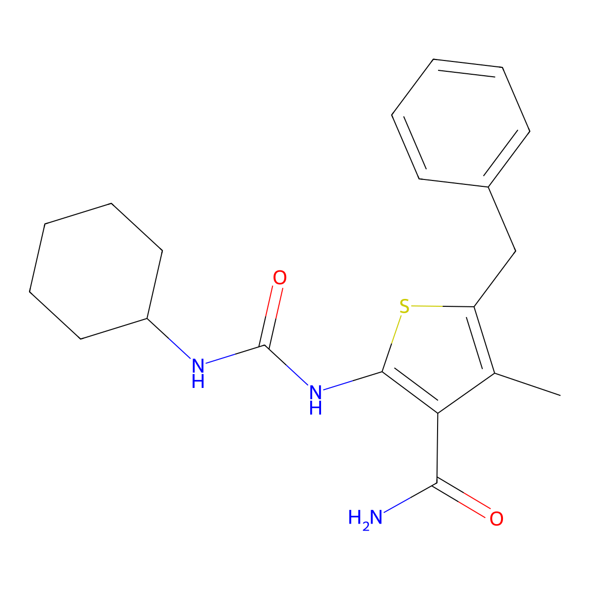 5-Benzyl-2-{[(cyclohexylamino)carbonyl]amino}-4-methyl-3-thiophenecarboxamide molecular structure, CAS 708290-44-2