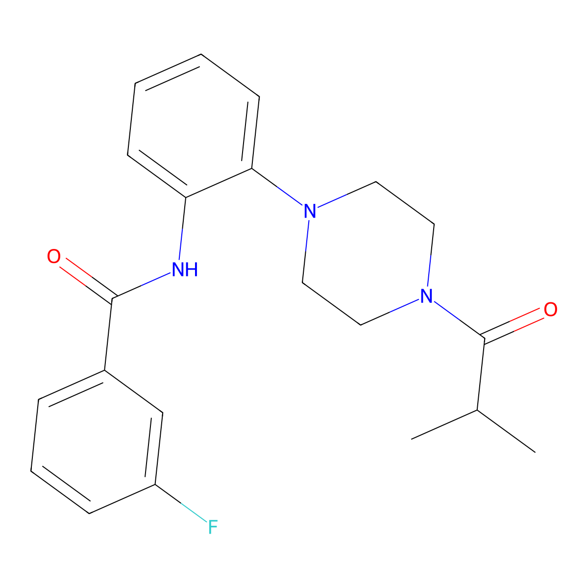 3-fluoro-N-[2-[4-(2-methylpropanoyl)piperazin-1-yl]phenyl]benzamide molecular structure, CAS 708290-65-7
