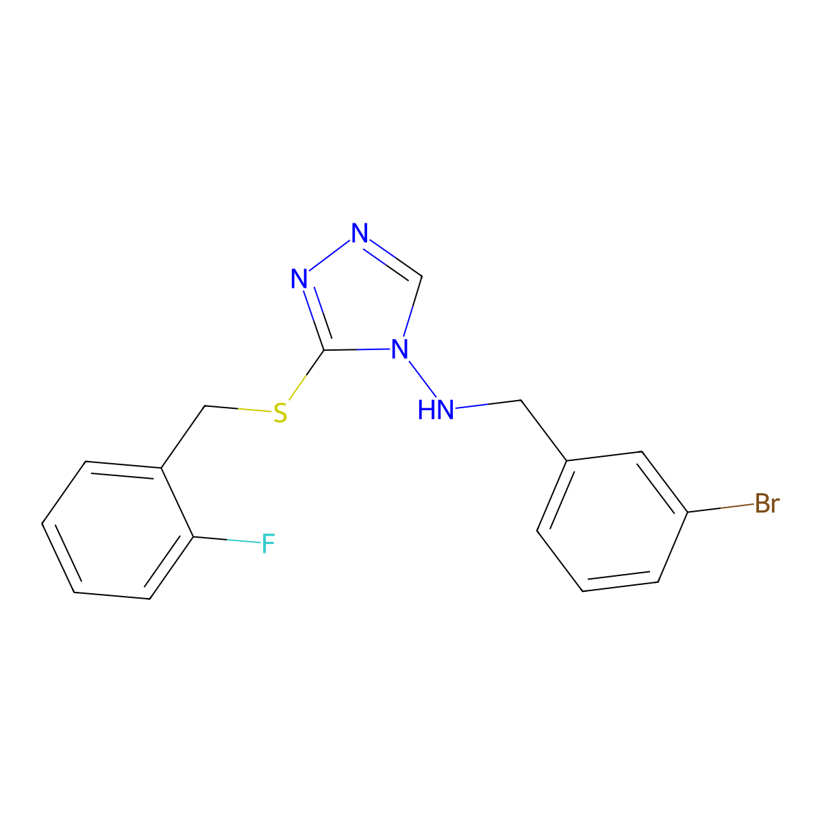 N-[(3-bromophenyl)methyl]-3-[(2-fluorophenyl)methylsulfanyl]-1,2,4-triazol-4-amine molecular structure, CAS 708290-84-0