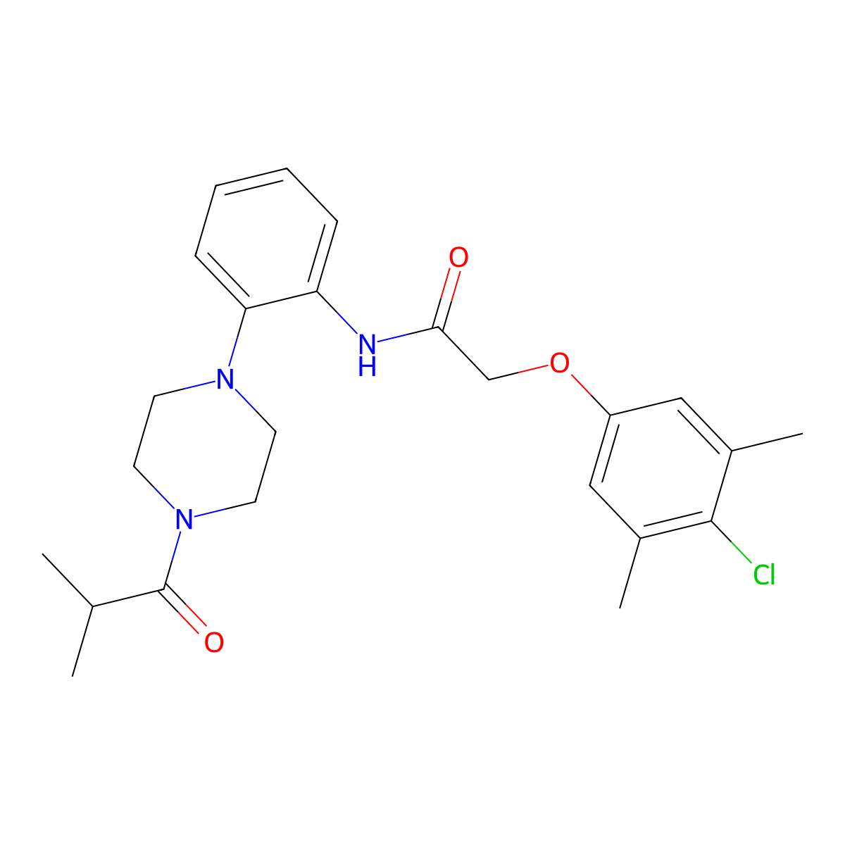 2-(4-chloro-3,5-dimethylphenoxy)-N-[2-[4-(2-methylpropanoyl)piperazin-1-yl]phenyl]acetamide molecular structure, CAS 708290-98-6