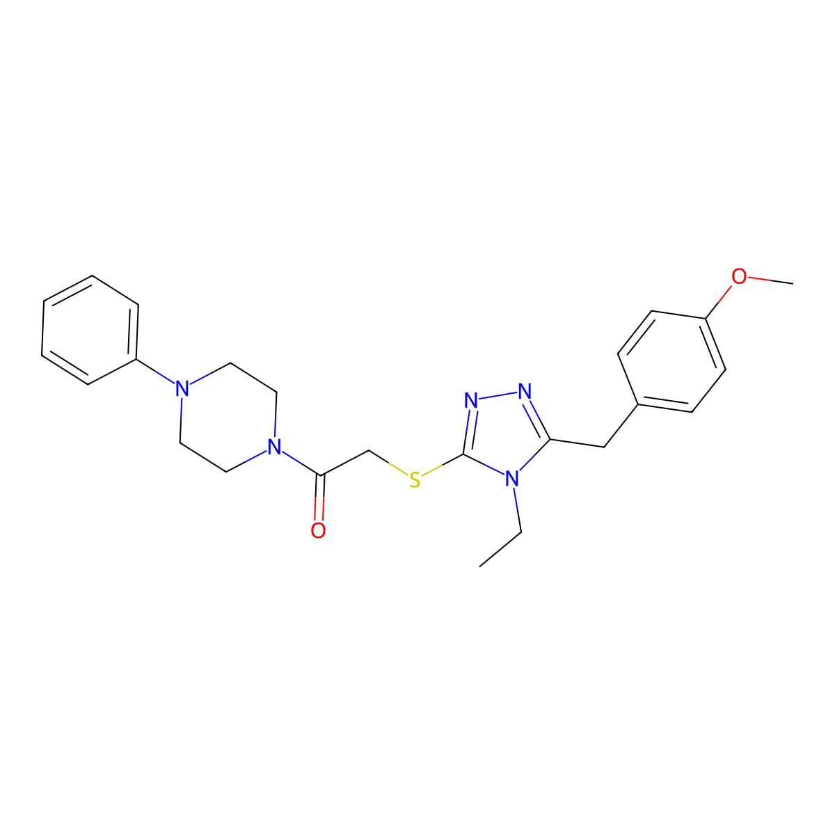 1-({[4-ethyl-5-(4-methoxybenzyl)-4H-1,2,4-triazol-3-yl]thio}acetyl)-4-phenylpiperazine molecular structure, CAS 708291-25-2