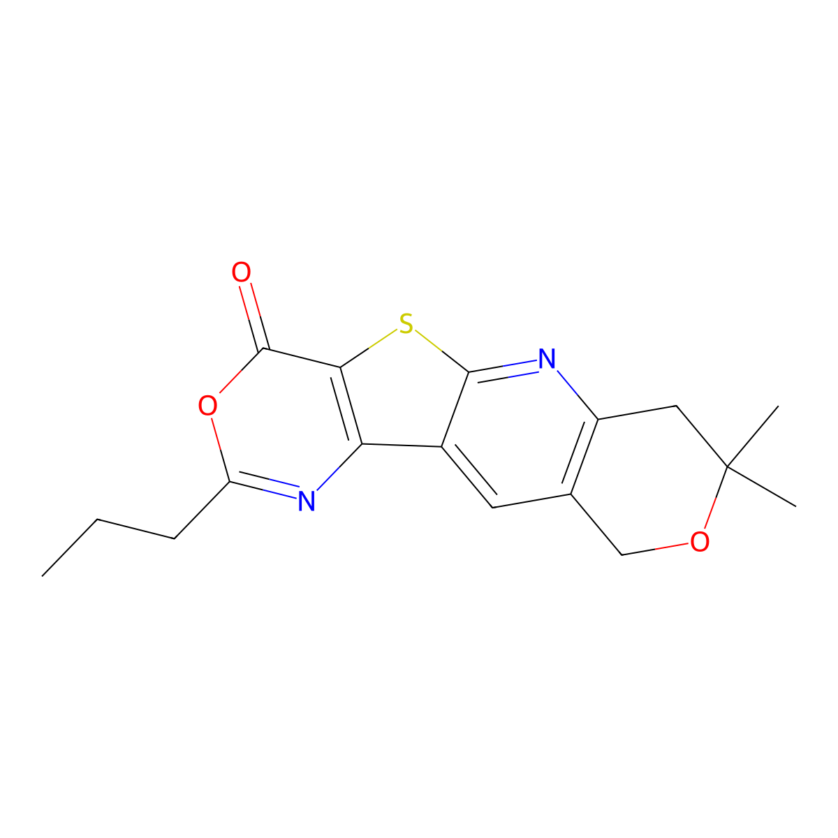 8,8-dimethyl-2-propyl-7,10-dihydro-4H,8H-pyrano[3'',4'':5',6']pyrido[3',2':4,5]thieno[3,2-d][1,3]oxazin-4-one molecular structure, CAS 708291-49-0