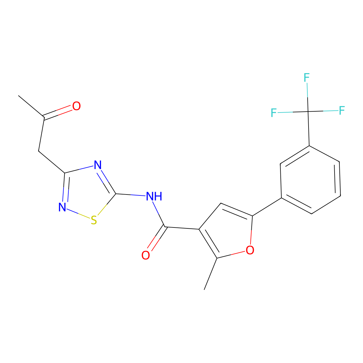 2-methyl-N-[3-(2-oxopropyl)-1,2,4-thiadiazol-5-yl]-5-[3-(trifluoromethyl)phenyl]furan-3-carboxamide molecular structure, CAS 708291-86-5