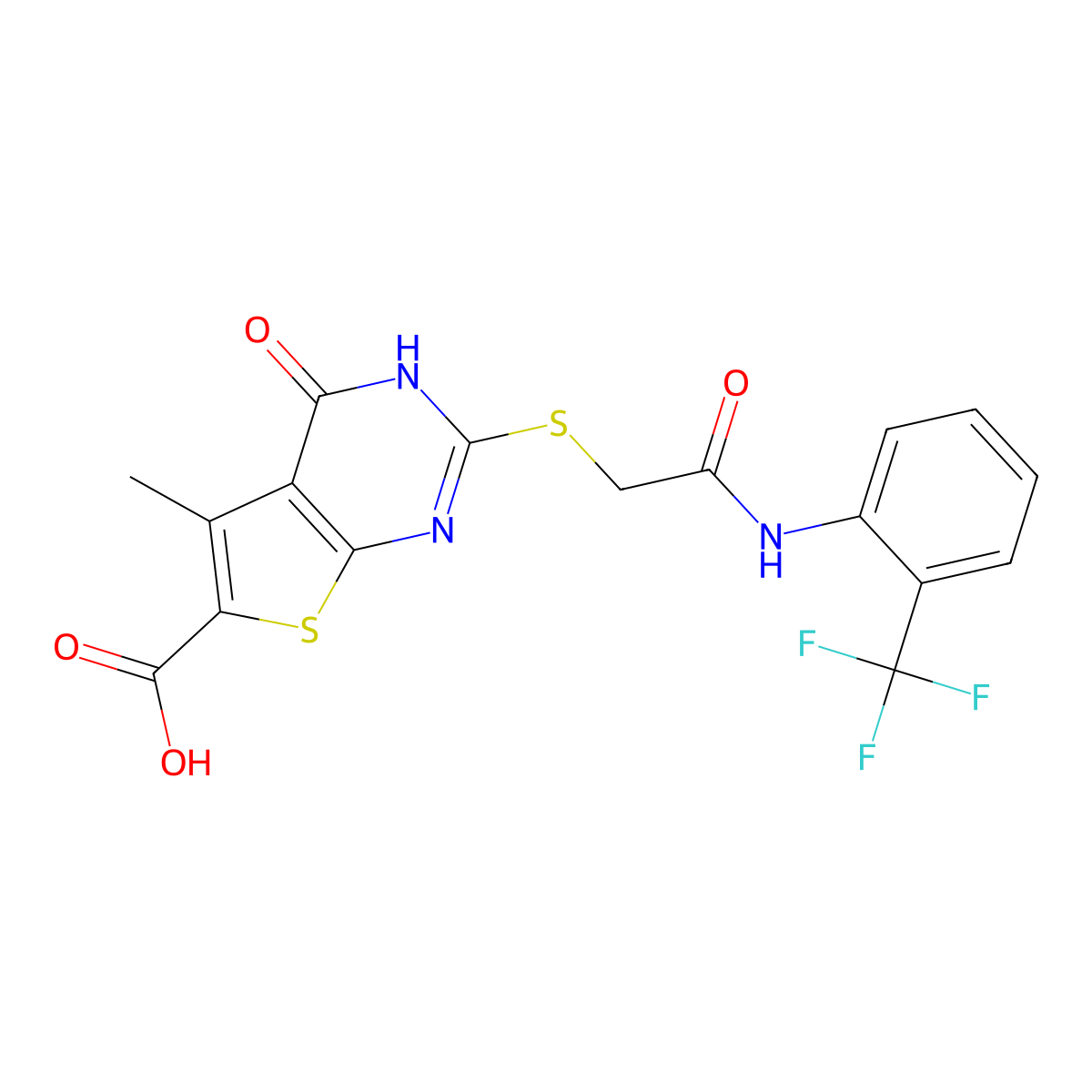 5-Methyl-4-oxo-2-((2-oxo-2-((2-(trifluoromethyl)phenyl)amino)ethyl)thio)-3,4-dihydrothieno[2,3-d]pyrimidine-6-carboxylic acid molecular structure, CAS 708292-02-8