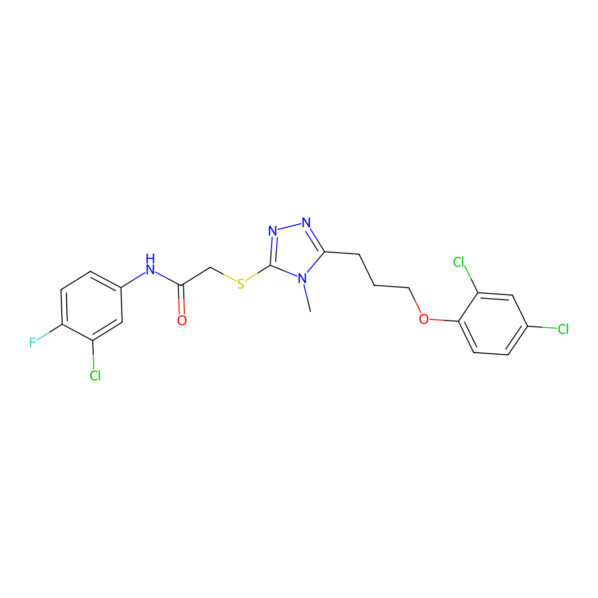 N-(3-chloro-4-fluorophenyl)-2-[[5-[3-(2,4-dichlorophenoxy)propyl]-4-methyl-1,2,4-triazol-3-yl]sulfanyl]acetamide molecular structure, CAS 708292-03-9