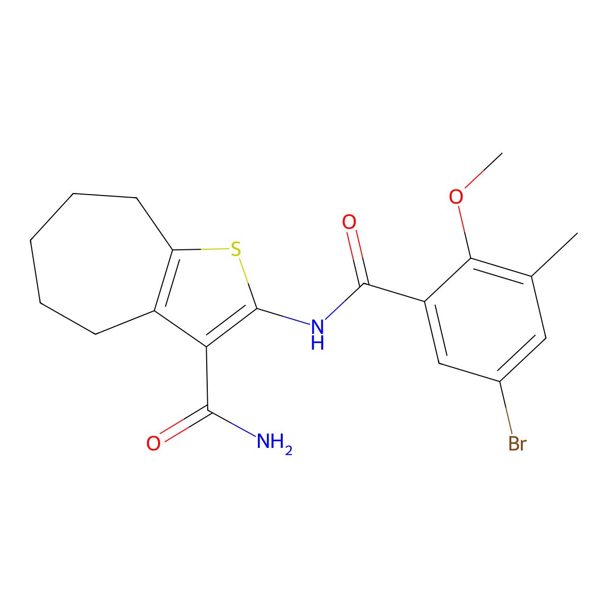 2-[(5-bromo-2-methoxy-3-methylbenzoyl)amino]-5,6,7,8-tetrahydro-4H-cyclohepta[b]thiophene-3-carboxamide molecular structure, CAS 708292-85-7