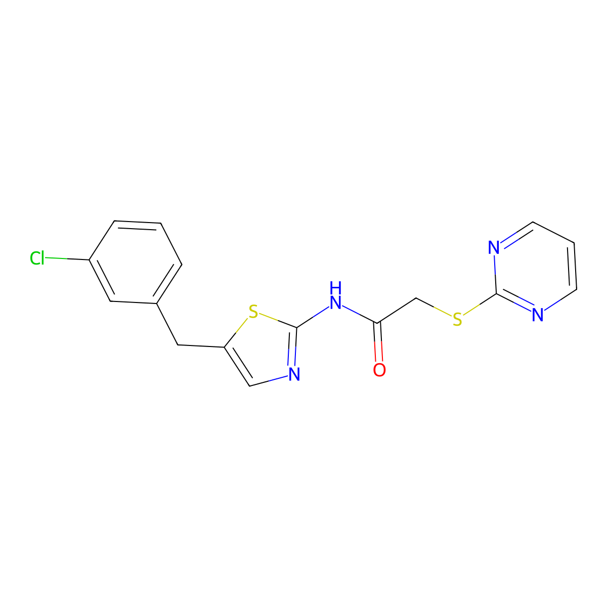 N-[5-[(3-chlorophenyl)methyl]-1,3-thiazol-2-yl]-2-pyrimidin-2-ylsulfanylacetamide molecular structure, CAS 708292-87-9