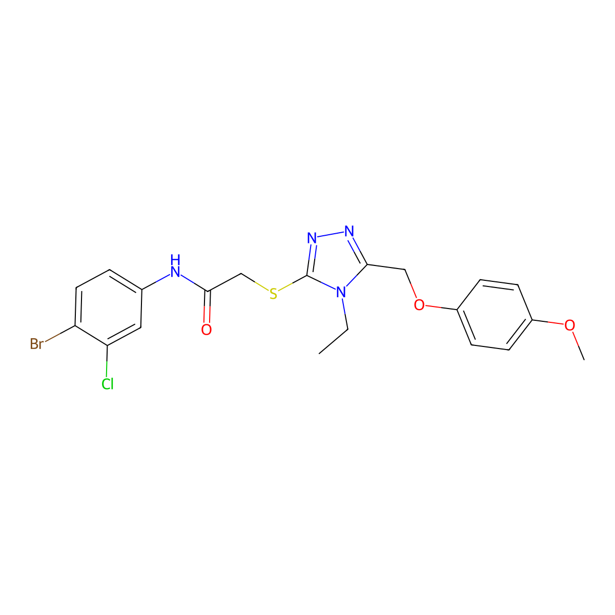 N-(4-bromo-3-chlorophenyl)-2-[[4-ethyl-5-[(4-methoxyphenoxy)methyl]-1,2,4-triazol-3-yl]sulfanyl]acetamide molecular structure, CAS 708292-92-6