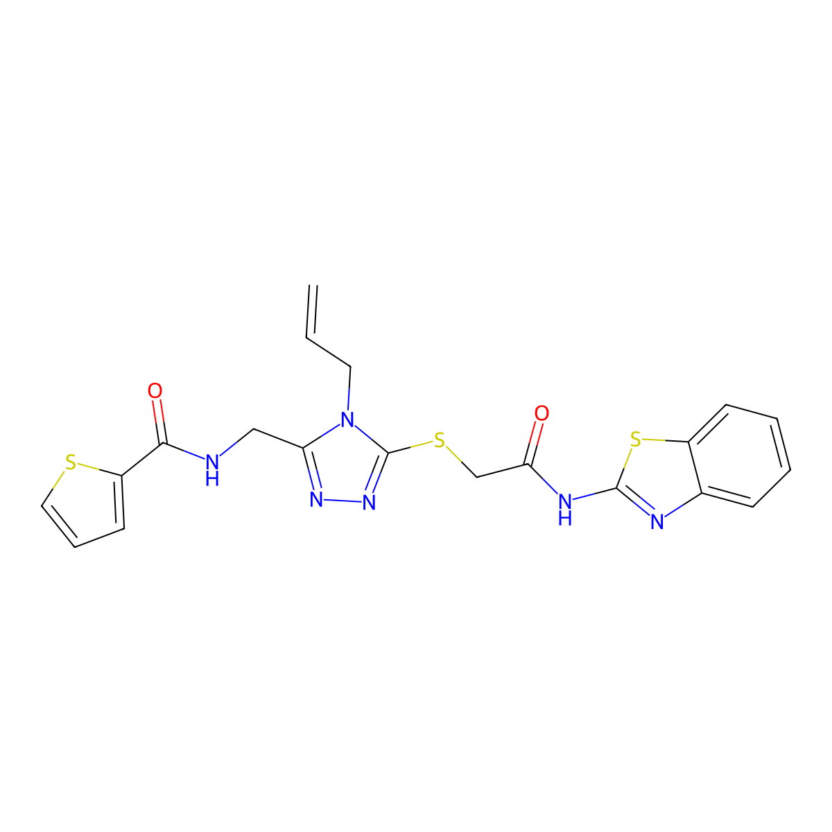 N-[[5-[2-(1,3-benzothiazol-2-ylamino)-2-oxoethyl]sulfanyl-4-prop-2-enyl-1,2,4-triazol-3-yl]methyl]thiophene-2-carboxamide molecular structure, CAS 708293-13-4