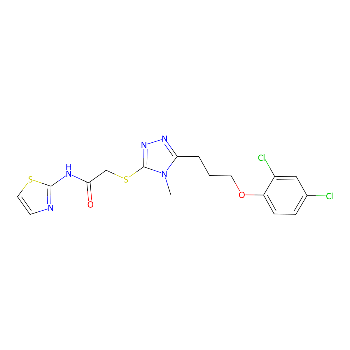 2-[[5-[3-(2,4-dichlorophenoxy)propyl]-4-methyl-1,2,4-triazol-3-yl]sulfanyl]-N-(1,3-thiazol-2-yl)acetamide molecular structure, CAS 708293-14-5