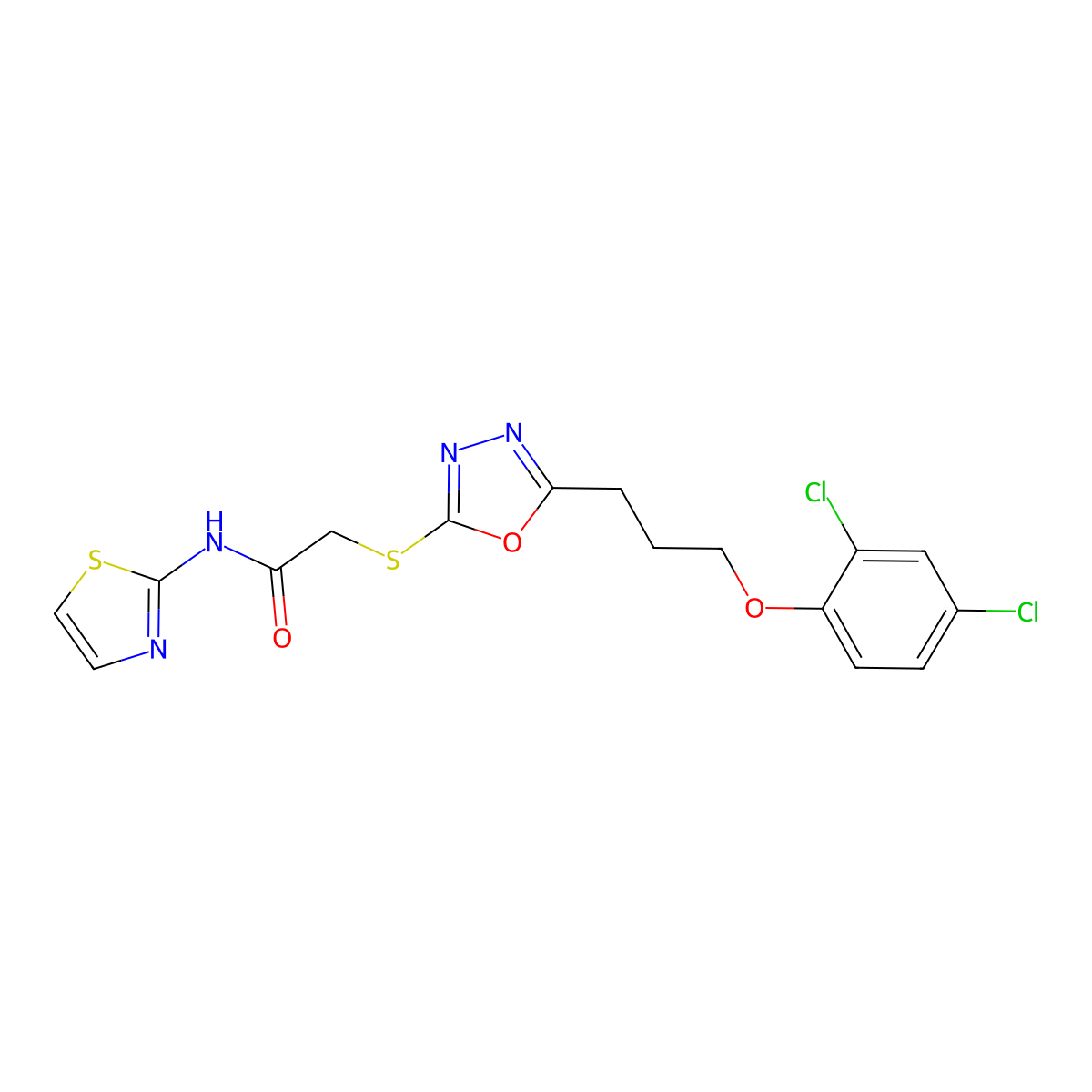 2-({5-[3-(2,4-dichlorophenoxy)propyl]-1,3,4-oxadiazol-2-yl}sulfanyl)-N-(1,3-thiazol-2-yl)acetamide molecular structure, CAS 708293-23-6