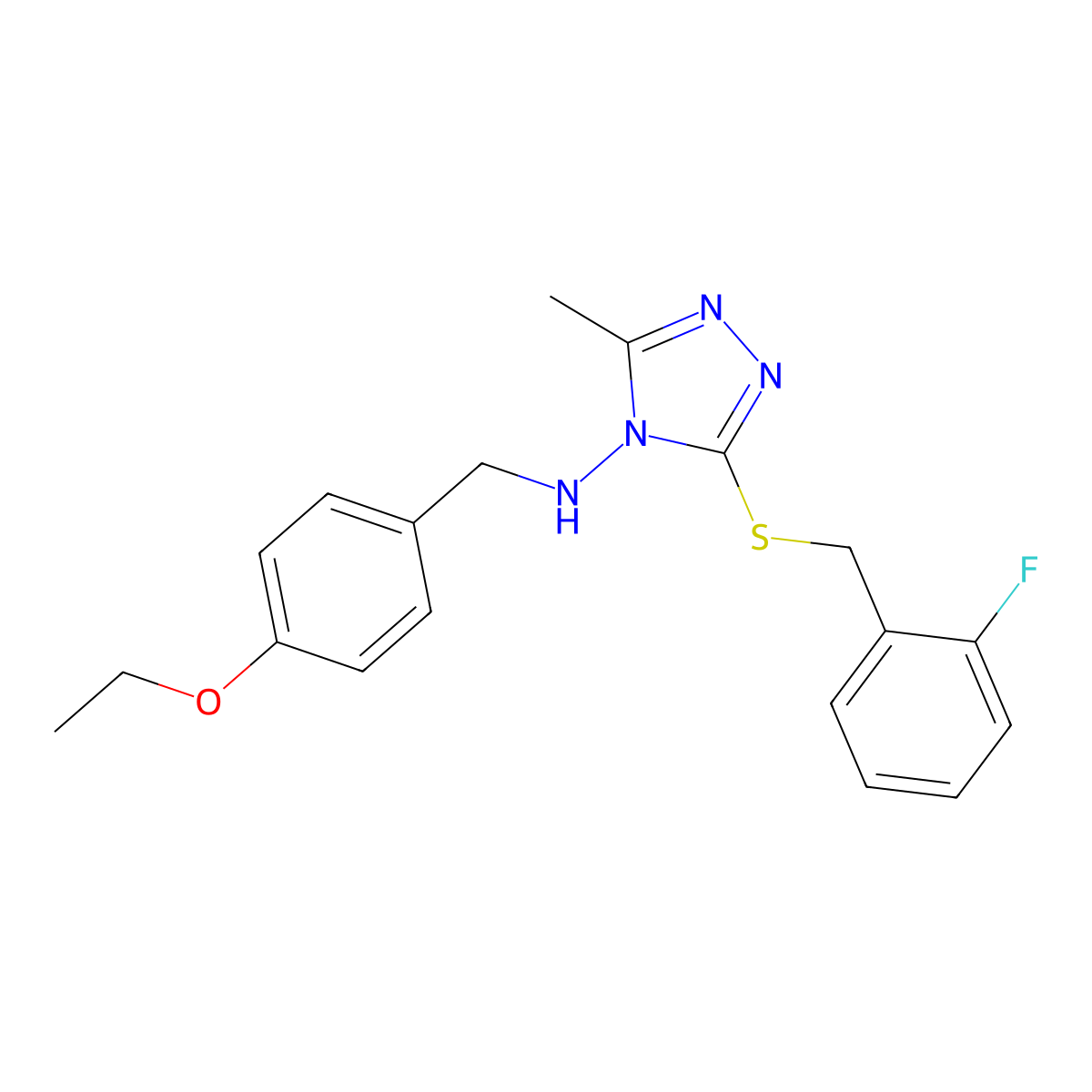 N-[(4-ethoxyphenyl)methyl]-3-[(2-fluorophenyl)methylsulfanyl]-5-methyl-1,2,4-triazol-4-amine molecular structure, CAS 708293-27-0
