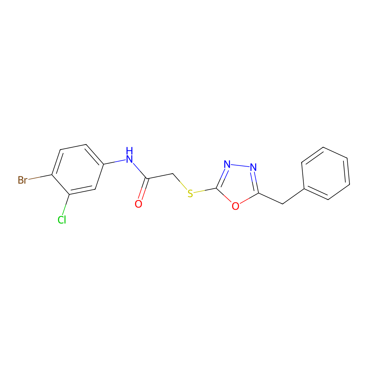 2-[(5-benzyl-1,3,4-oxadiazol-2-yl)sulfanyl]-N-(4-bromo-3-chlorophenyl)acetamide molecular structure, CAS 708293-32-7