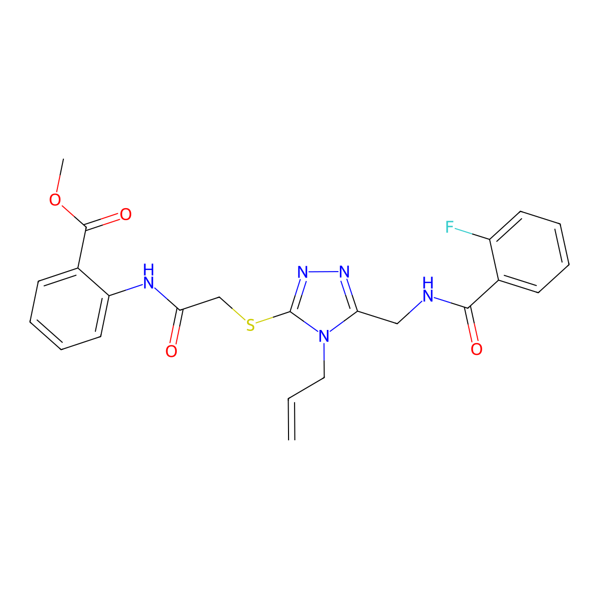 methyl 2-[({[5-({[(2-fluorophenyl)carbonyl]amino}methyl)-4-(prop-2-en-1-yl)-4H-1,2,4-triazol-3-yl]sulfanyl}acetyl)amino]benzoate molecular structure, CAS 708293-61-2