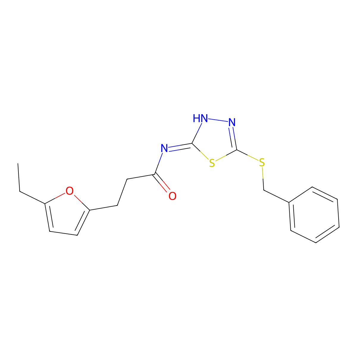 N-[5-(benzylsulfanyl)-1,3,4-thiadiazol-2-yl]-3-(5-ethylfuran-2-yl)propanamide molecular structure, CAS 708293-85-0