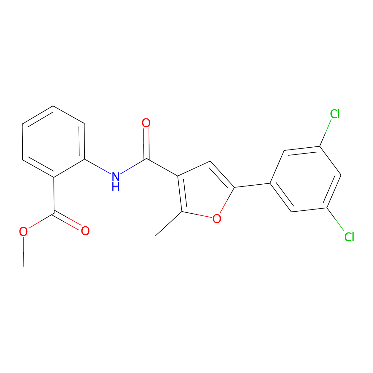 Methyl 2-(5-(3,5-dichlorophenyl)-2-methylfuran-3-carboxamido)benzoate molecular structure, CAS 708293-88-3