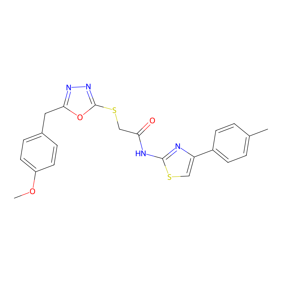 2-[[5-[(4-methoxyphenyl)methyl]-1,3,4-oxadiazol-2-yl]sulfanyl]-N-[4-(4-methylphenyl)-1,3-thiazol-2-yl]acetamide molecular structure, CAS 708293-93-0