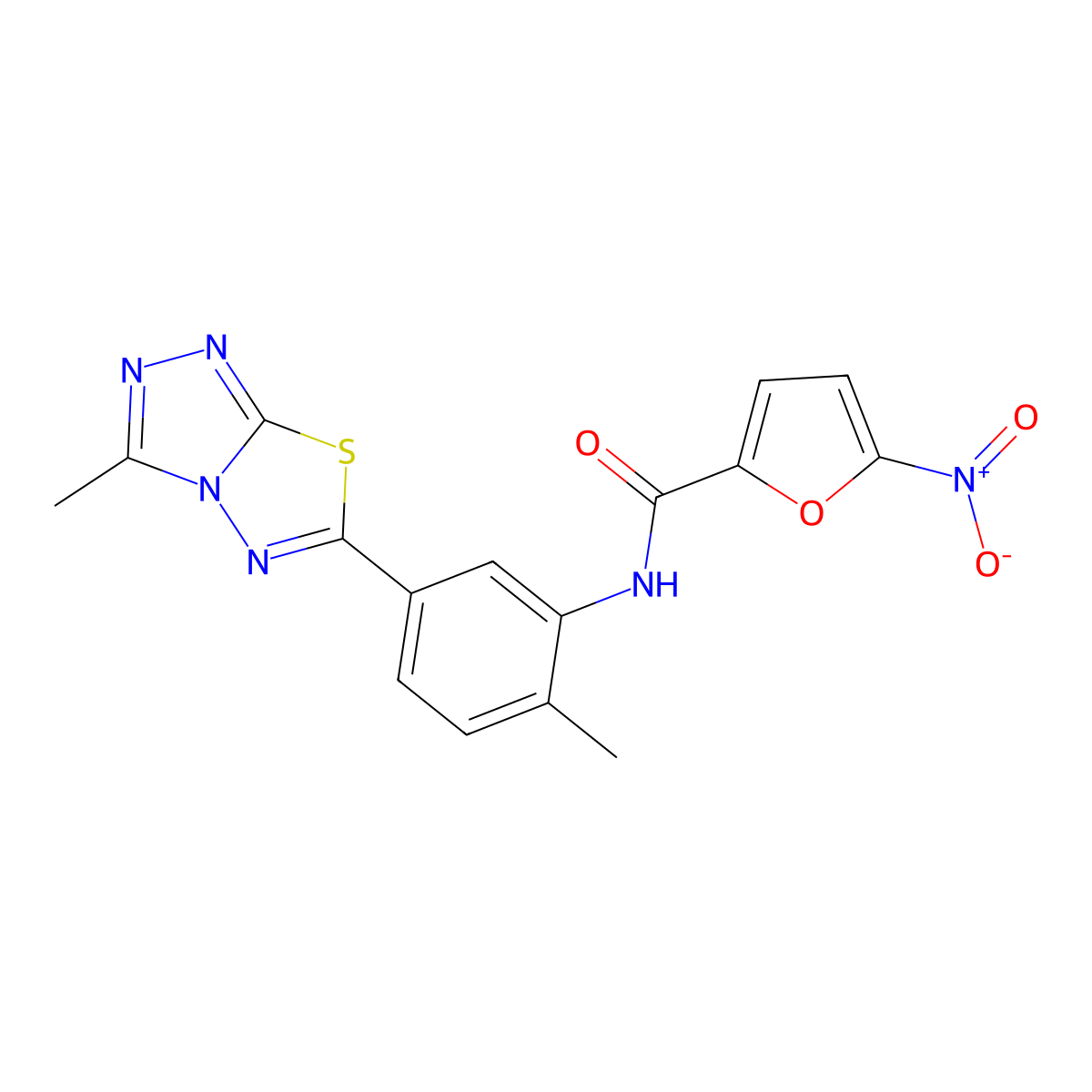 N-[2-methyl-5-(3-methyl-[1,2,4]triazolo[3,4-b][1,3,4]thiadiazol-6-yl)phenyl]-5-nitrofuran-2-carboxamide molecular structure, CAS 708295-57-2
