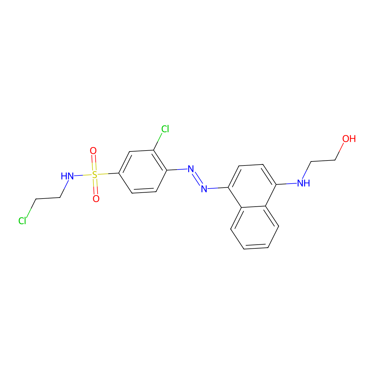 Benzenesulfonamide, 3-chloro-N-(2-chloroethyl)-4-[2-[4-[(2-hydroxyethyl)amino]-1-naphthalenyl]diazenyl]- molecular structure, CAS 70865-33-7