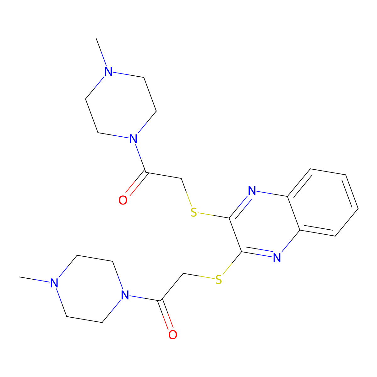 1-(4-Methylpiperazin-1-yl)-2-[3-[2-(4-methylpiperazin-1-yl)-2-oxoethyl]sulfanylquinoxalin-2-yl]sulfanylethanone molecular structure, CAS 708976-67-4