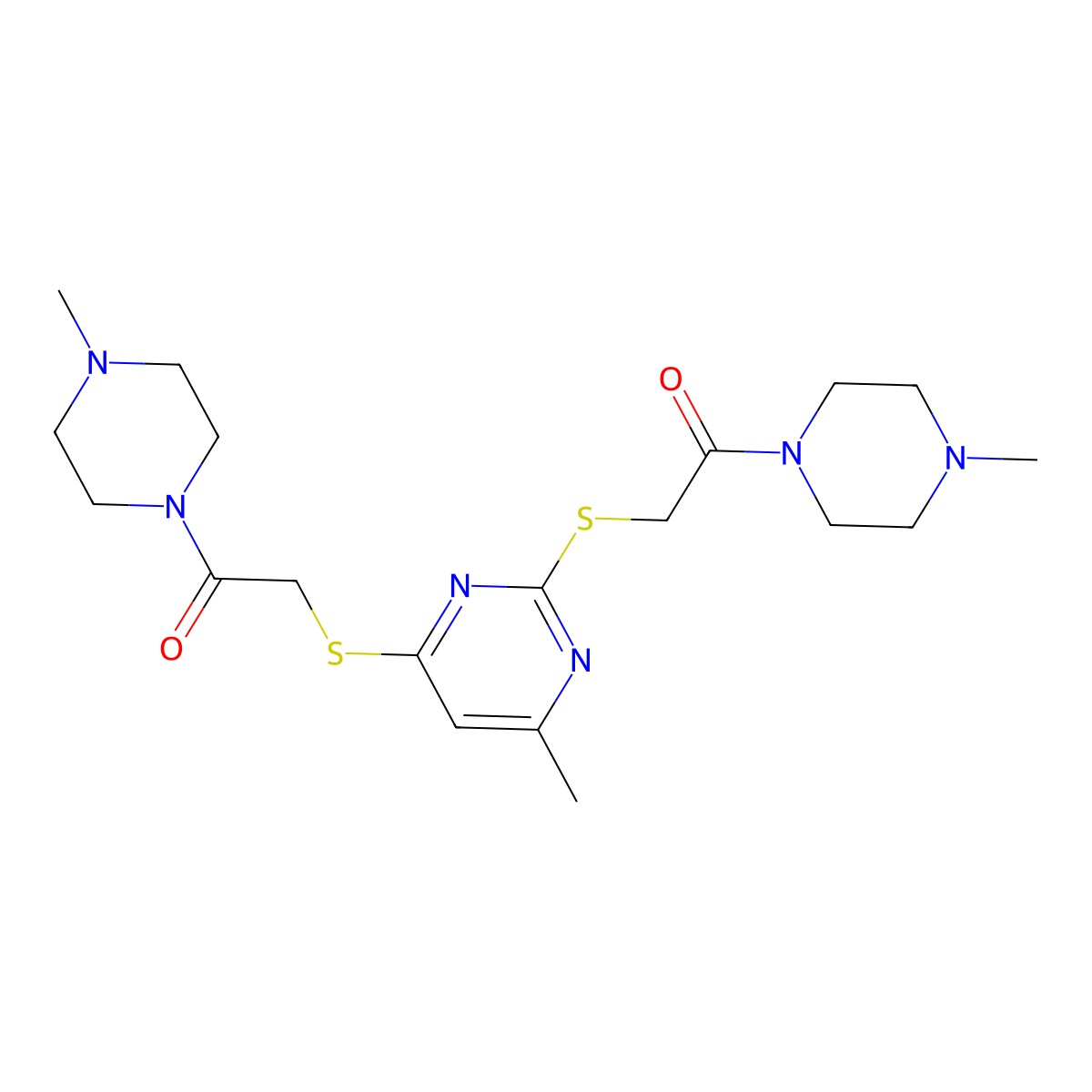 2,2'-((6-Methylpyrimidine-2,4-diyl)bis(sulfanediyl))bis(1-(4-methylpiperazin-1-yl)ethanone) molecular structure, CAS 708976-69-6