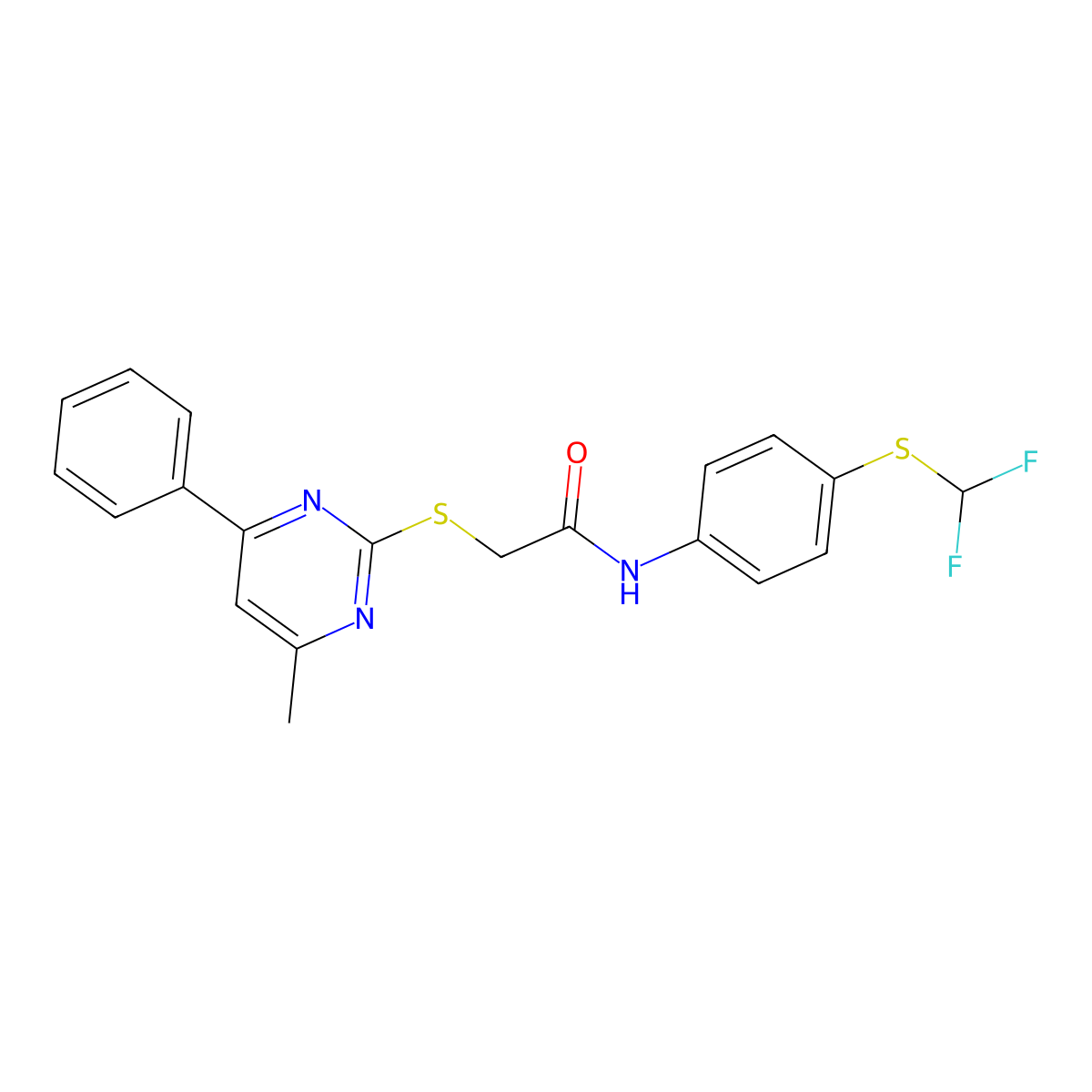 N-[4-(difluoromethylsulfanyl)phenyl]-2-(4-methyl-6-phenylpyrimidin-2-yl)sulfanylacetamide molecular structure, CAS 708990-66-3