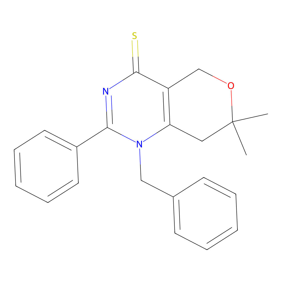 1-Benzyl-7,7-dimethyl-2-phenyl-5,8-dihydropyrano[4,3-d]pyrimidine-4-thione molecular structure, CAS 708990-89-0
