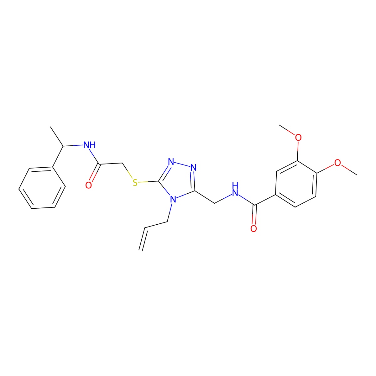 3,4-dimethoxy-N-{[5-({2-oxo-2-[(1-phenylethyl)amino]ethyl}sulfanyl)-4-(prop-2-en-1-yl)-4H-1,2,4-triazol-3-yl]methyl}benzamide molecular structure, CAS 708991-27-9