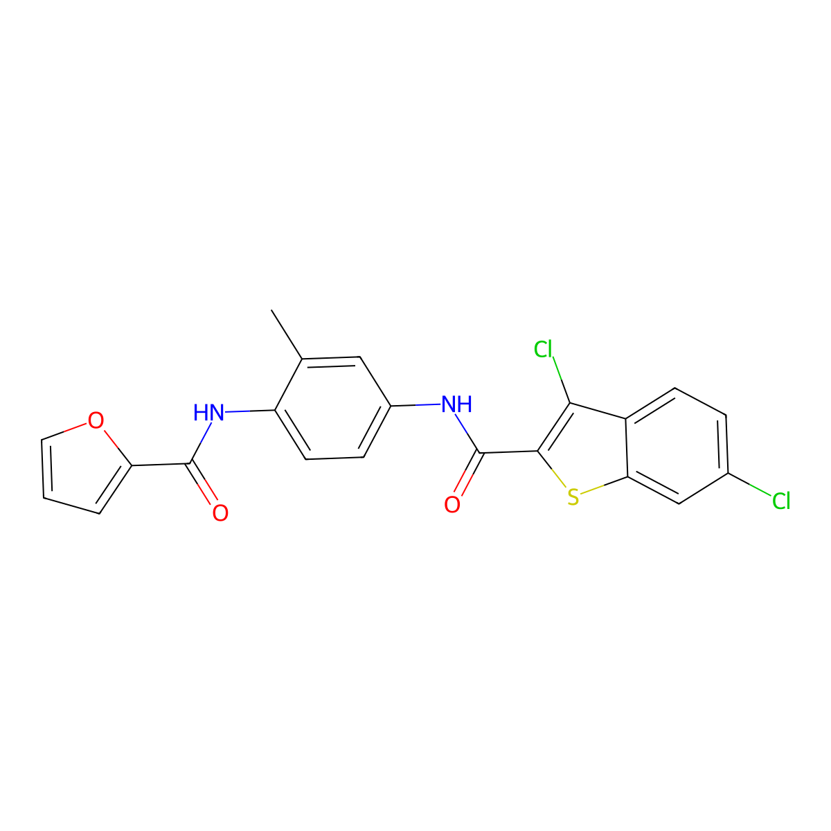 N-[4-[(3,6-dichloro-1-benzothiophene-2-carbonyl)amino]-2-methylphenyl]furan-2-carboxamide molecular structure, CAS 708991-49-5