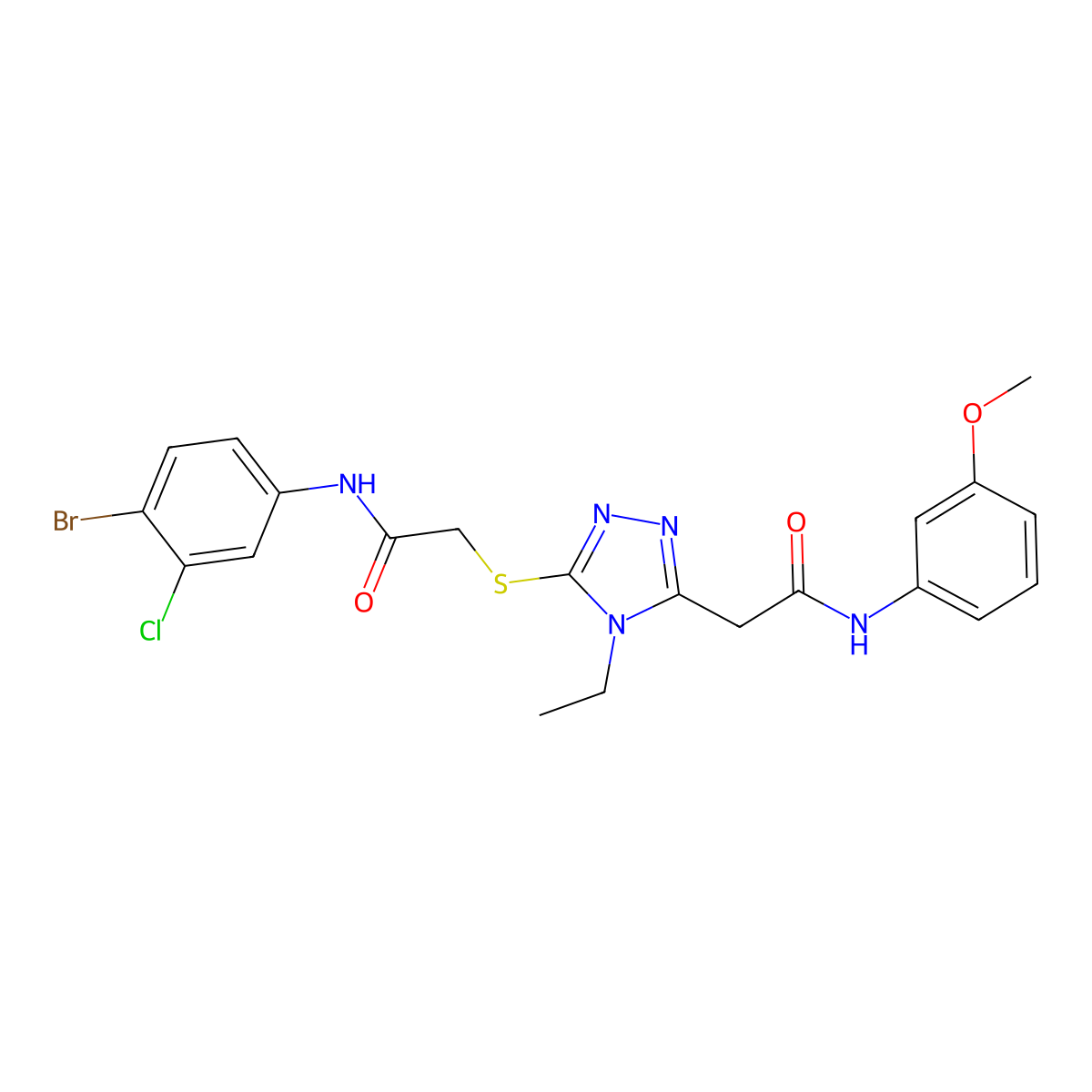 2-[5-[2-(4-bromo-3-chloroanilino)-2-oxoethyl]sulfanyl-4-ethyl-1,2,4-triazol-3-yl]-N-(3-methoxyphenyl)acetamide molecular structure, CAS 708992-14-7